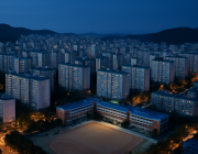인천 계양구 아파트 단지와 초등학교 운동장 항공 뷰 저녁 풍경