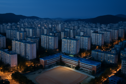 인천 계양구 아파트 단지와 초등학교 운동장 항공 뷰 저녁 풍경