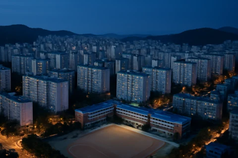 인천 계양구 아파트 단지와 초등학교 운동장 항공 뷰 저녁 풍경