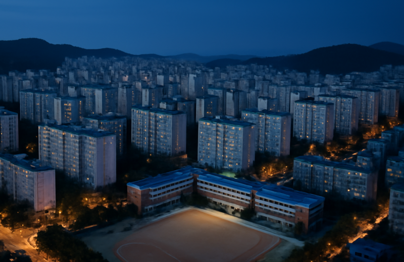 인천 계양구 아파트 단지와 초등학교 운동장 항공 뷰 저녁 풍경