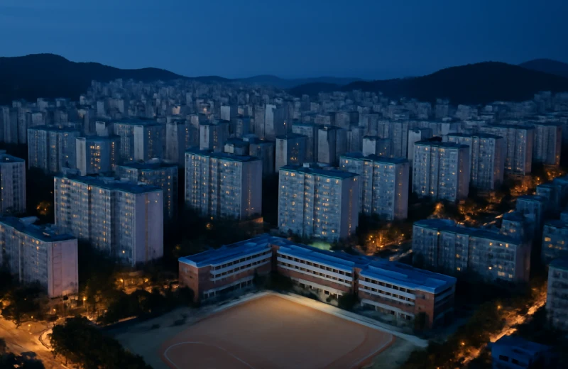 인천 계양구 아파트 단지와 초등학교 운동장 항공 뷰 저녁 풍경