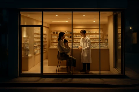 인천 야간 당번약국에서 약사가 보호자에게 상담하는 장면