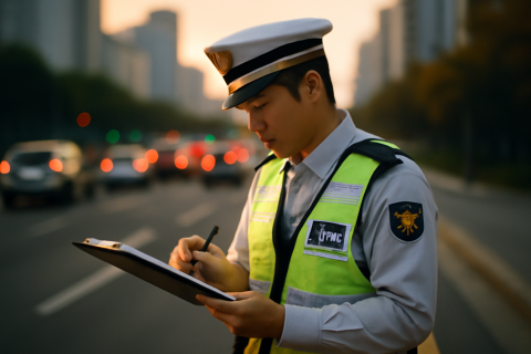 인천 교통사고 대처 단계별 가이드 – 도로에서 서류를 확인하는 경찰관