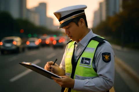 인천 교통사고 대처 단계별 가이드 – 도로에서 서류를 확인하는 경찰관