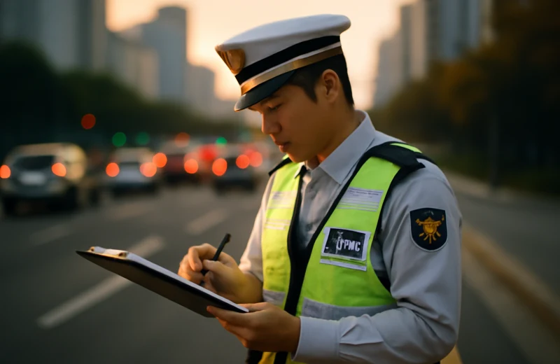 인천 교통사고 대처 단계별 가이드 – 도로에서 서류를 확인하는 경찰관
