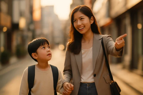 인천 남동구 구월동 학원가를 함께 걷는 학부모와 초등학생 아이