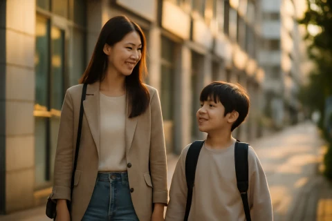 인천 남동구 구월동 학원가 거리를 걷는 학부모와 초등학생