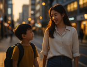인천 남동구 구월동 학원가를 함께 걷는 학부모와 초등학생 자녀