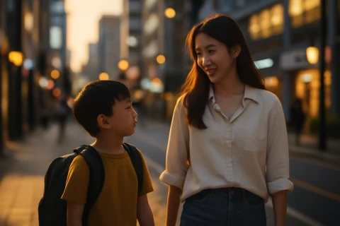인천 남동구 구월동 학원가를 함께 걷는 학부모와 초등학생 자녀