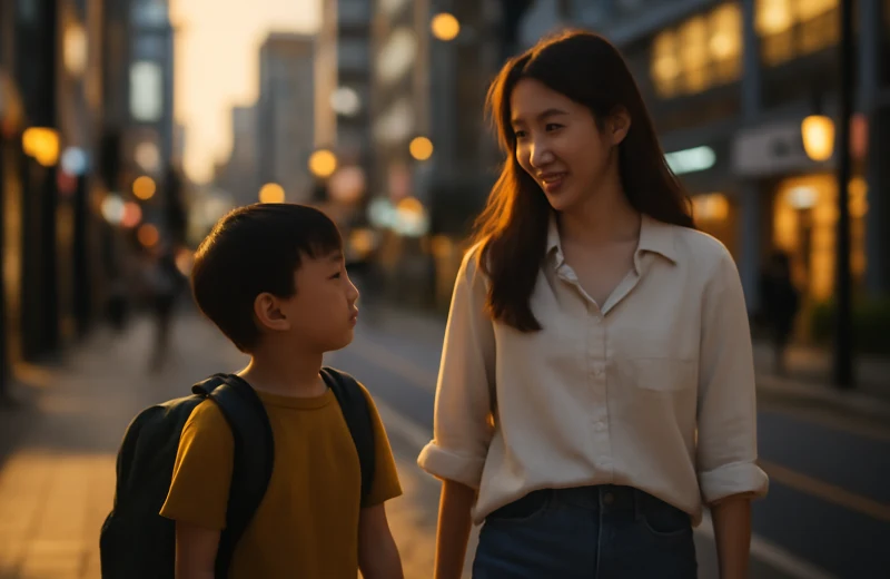 인천 남동구 구월동 학원가를 함께 걷는 학부모와 초등학생 자녀