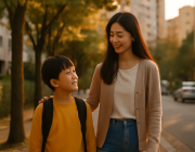 인천 미추홀구 학군 학원가 비교 — 학부모와 아이가 동네 길을 걷는 따뜻한 오후 풍경