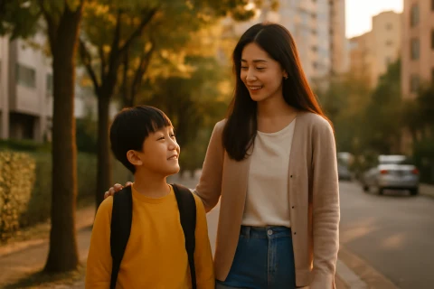 인천 미추홀구 학군 학원가 비교 — 학부모와 아이가 동네 길을 걷는 따뜻한 오후 풍경