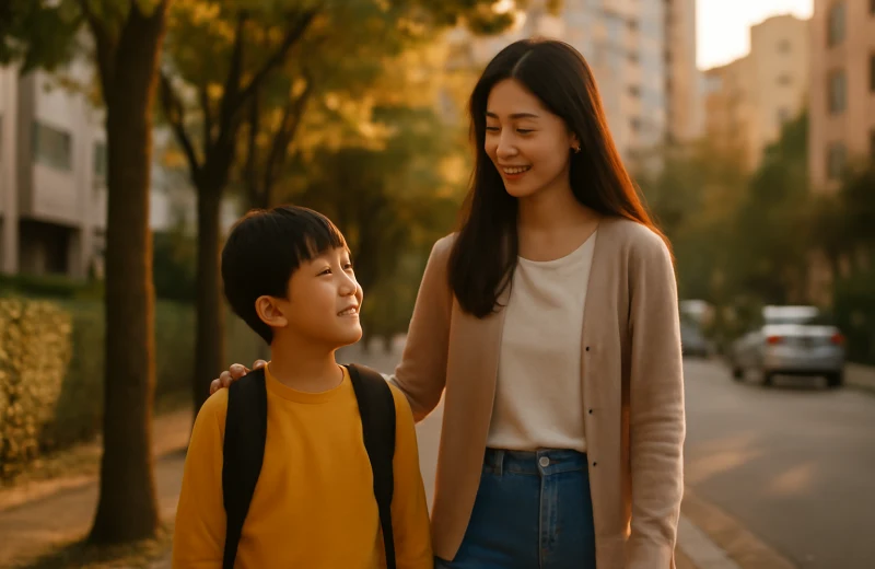 인천 미추홀구 학군 학원가 비교 — 학부모와 아이가 동네 길을 걷는 따뜻한 오후 풍경