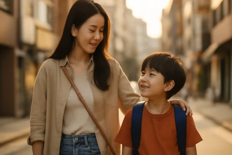 인천 미추홀구 학원가 골목을 걷는 학부모와 초등학생