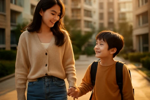 인천 미추홀구 학군 학원가 이사 고민하는 학부모와 아이 산책 장면
