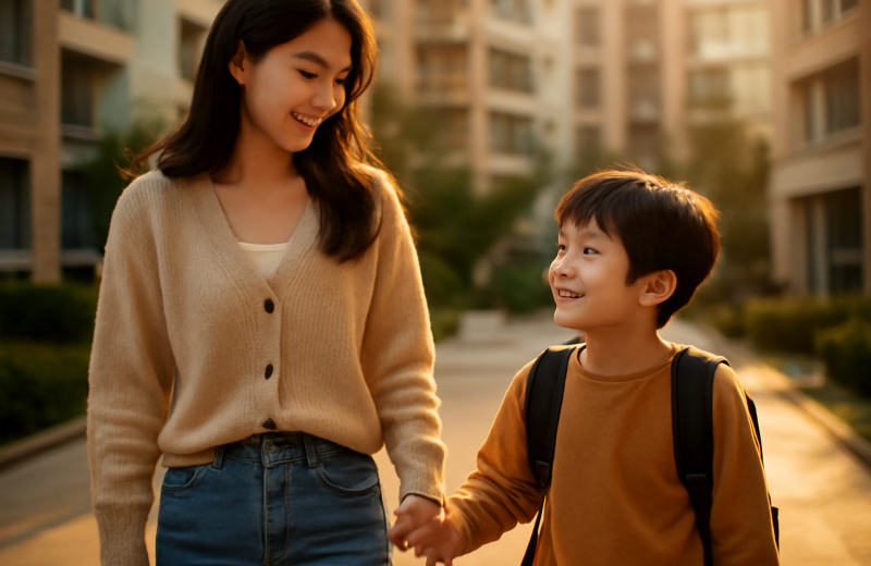 인천 미추홀구 학군 학원가 이사 고민하는 학부모와 아이 산책 장면