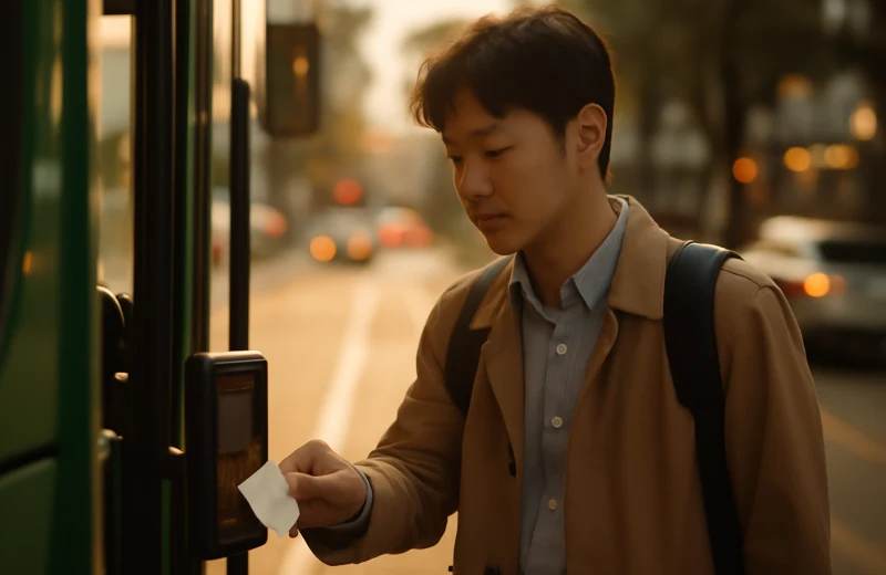인천 버스 환승 교통카드 단말기에 카드 태그하는 시민 모습