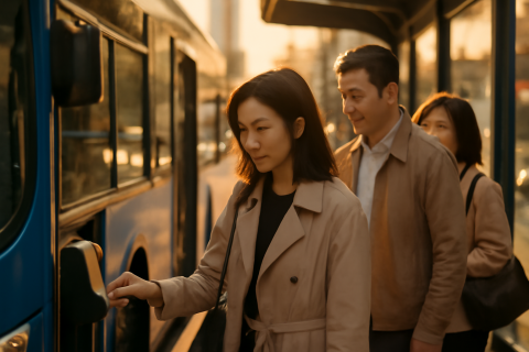 인천 시내버스 환승 카드 태그 장면, 정류장에서 교통카드 찍는 승객