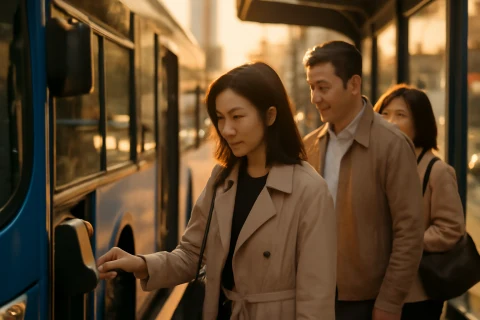 인천 시내버스 환승 카드 태그 장면, 정류장에서 교통카드 찍는 승객