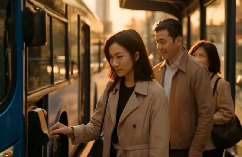 인천 시내버스 환승 카드 태그 장면, 정류장에서 교통카드 찍는 승객