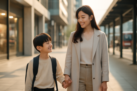 인천 부평역 학원가 근처를 걷는 학부모와 초등학생 자녀