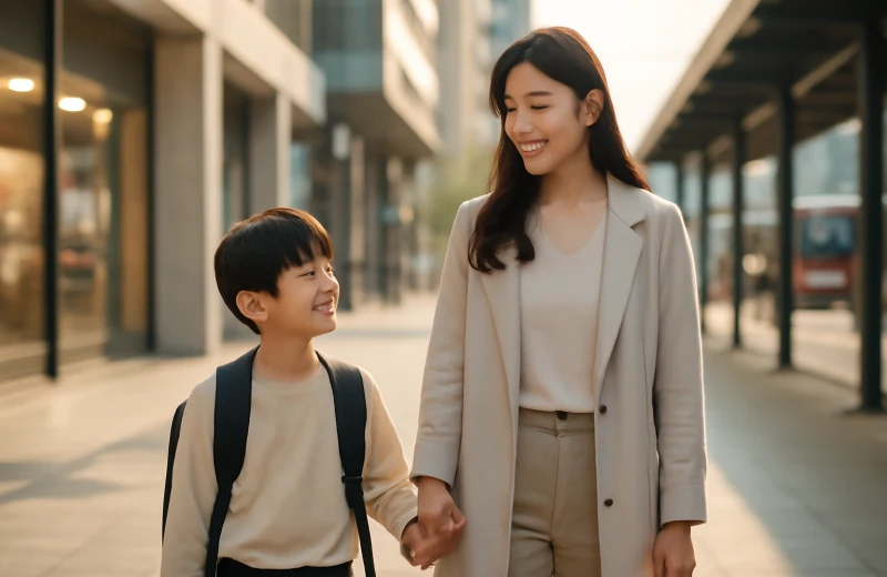 인천 부평역 학원가 근처를 걷는 학부모와 초등학생 자녀