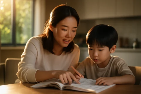 인천 부평구 부평역 학원가 정보를 살펴보는 학부모와 아이