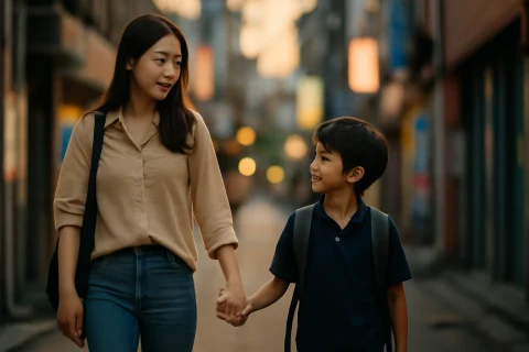인천 부평역 학원가 골목을 걷는 학부모와 아이