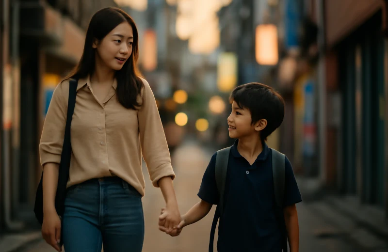 인천 부평역 학원가 골목을 걷는 학부모와 아이