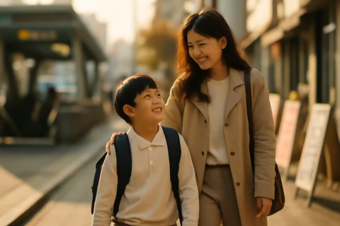 인천 부평역 학원가 근처를 걷는 학부모와 초등학생 자녀