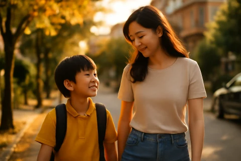 인천 부평구 학군 동네 골목을 함께 걷는 학부모와 초등학생 자녀