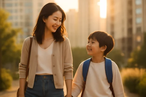 인천 부평구 학군 아파트 단지 근처를 걷는 학부모와 초등학생 자녀