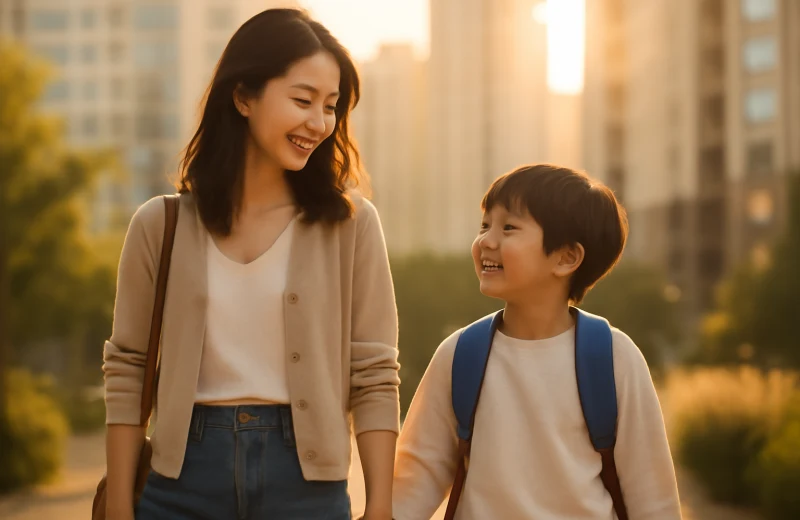 인천 부평구 학군 아파트 단지 근처를 걷는 학부모와 초등학생 자녀