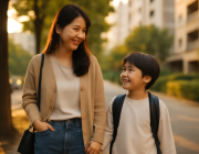 인천 부평구 학군 학원가 비교 — 아파트 단지 주변을 걷는 학부모와 아이