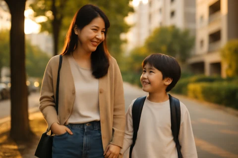 인천 부평구 학군 학원가 비교 — 아파트 단지 주변을 걷는 학부모와 아이