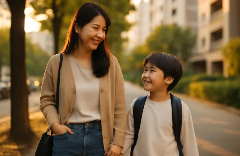 인천 부평구 학군 학원가 비교 — 아파트 단지 주변을 걷는 학부모와 아이
