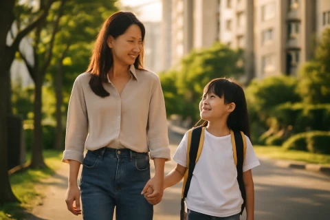 인천 부평구 삼산동 아파트 단지 앞 학부모와 초등학생 등하교 장면