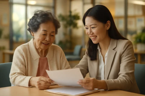 인천 사회복지관 상담 장면, 노인과 복지사가 밝은 사무실에서 대화하는 모습