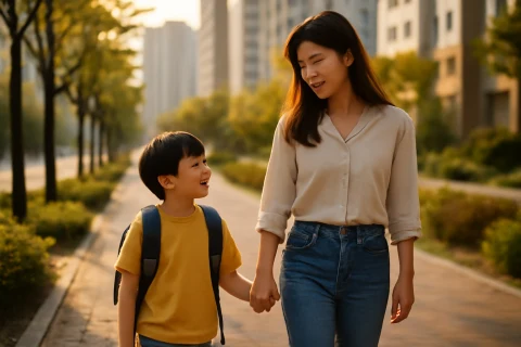 인천 서구 청라 신도시 거리를 걷는 학부모와 초등학생 자녀