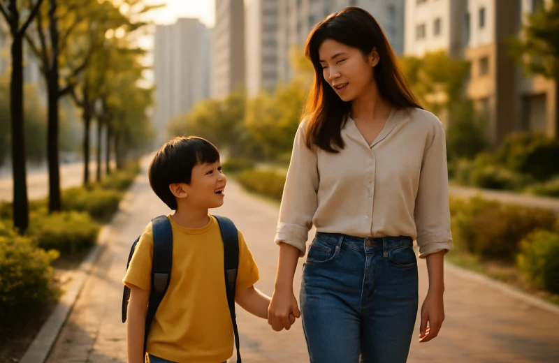 인천 서구 청라 신도시 거리를 걷는 학부모와 초등학생 자녀