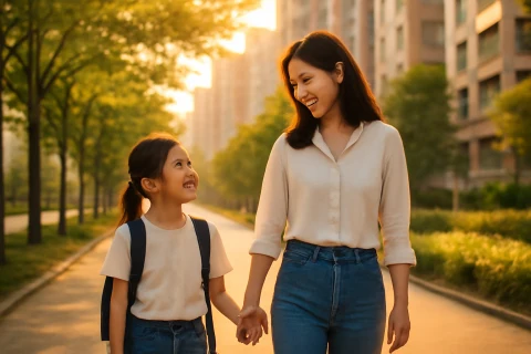 인천 서구 청라 학군 학원가 정보 확인 중인 학부모와 아이