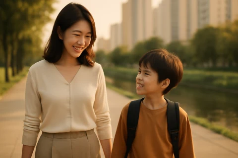 인천 서구 청라 학군 학부모와 아이가 청라국제도시 공원길을 함께 걷는 장면