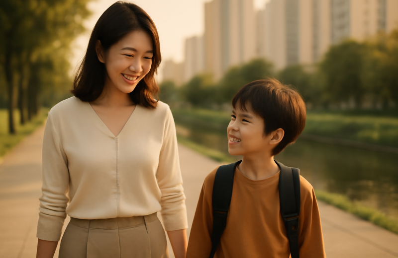 인천 서구 청라 학군 학부모와 아이가 청라국제도시 공원길을 함께 걷는 장면