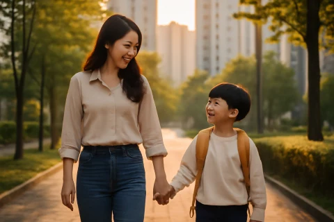 인천 서구 청라 학군 학원가 등굣길 걷는 학부모와 아이