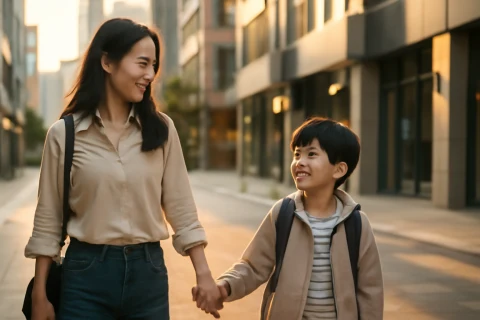 인천 서구 청라 학원가 학부모와 초등학생 자녀가 함께 걷는 신도시 거리