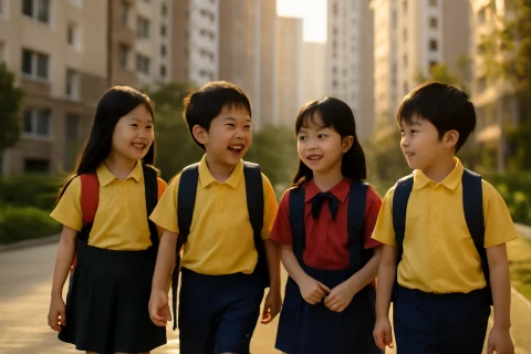 인천 서구 청라 학원가 방향으로 걷는 초등학생들, 아파트 단지 골든아워 풍경