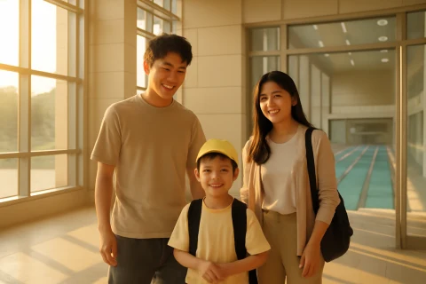 인천 공공 체육시설 이용 가족의 밝은 실내 스포츠센터 풍경
