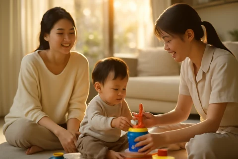 인천 아이돌봄 서비스 돌보미와 아이가 밝은 거실에서 함께 노는 장면