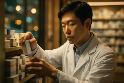 인천 야간 약국에서 약을 정리하는 약사의 모습