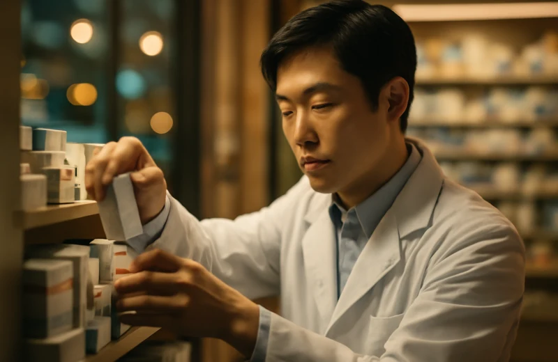 인천 야간 약국에서 약을 정리하는 약사의 모습